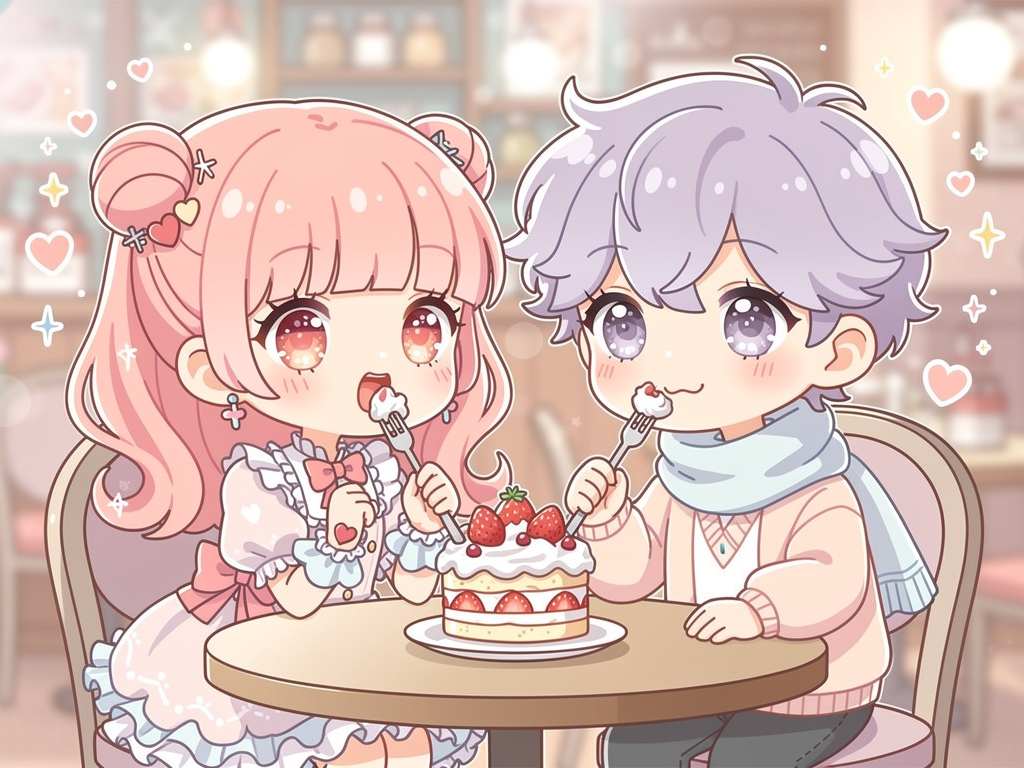 Mochi and Mars sharing a strawberry shortcake at a cafe table