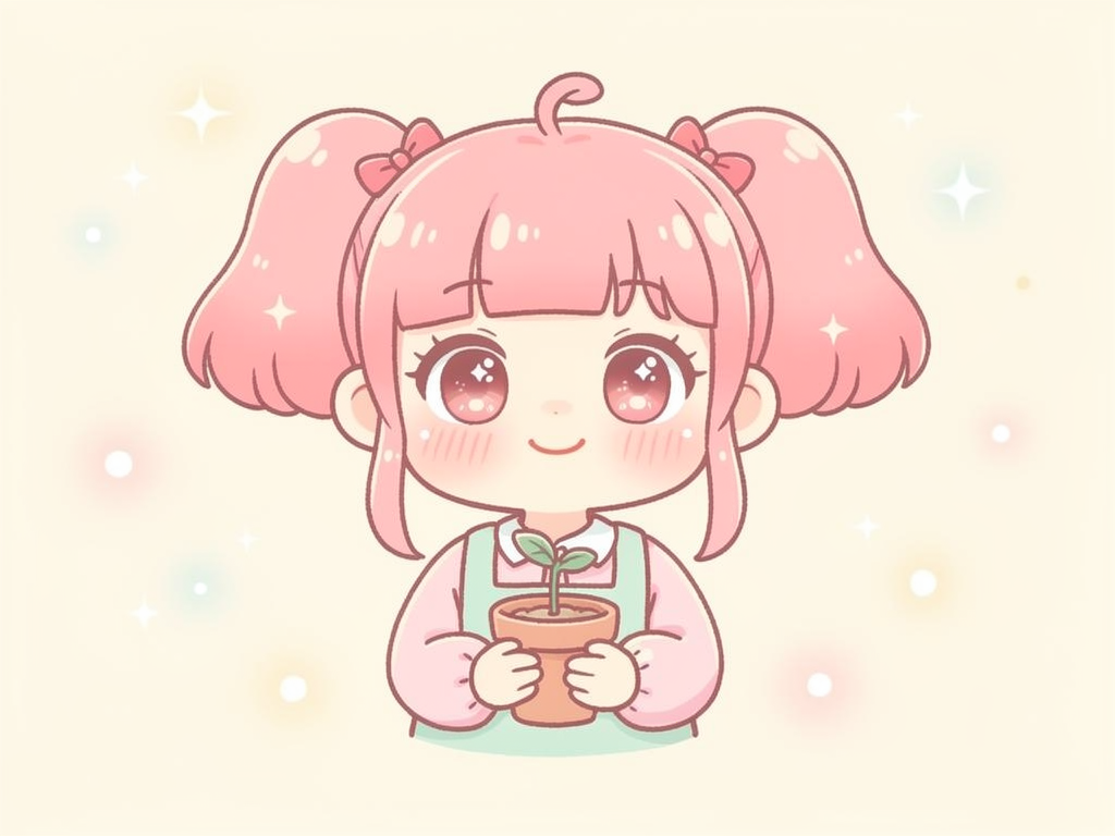 Mochi holding a tiny potted plant and smiling