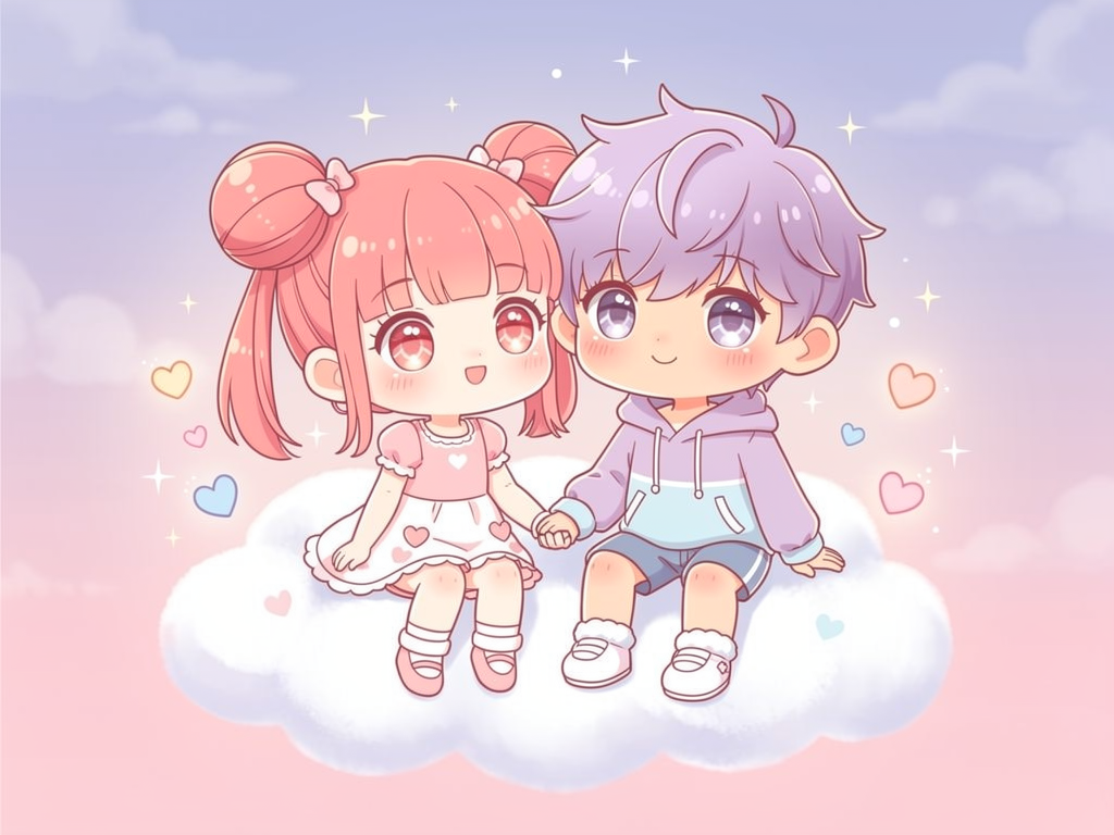 Mochi and Mars sitting together on a soft cloud in a dreamy pastel sky