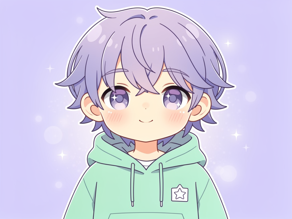Portrait of Mars, a boy with lavender messy hair and a mint green hoodie