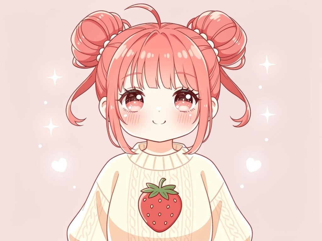 Portrait of Mochi, a girl with strawberry pink twin buns and a cream sweater